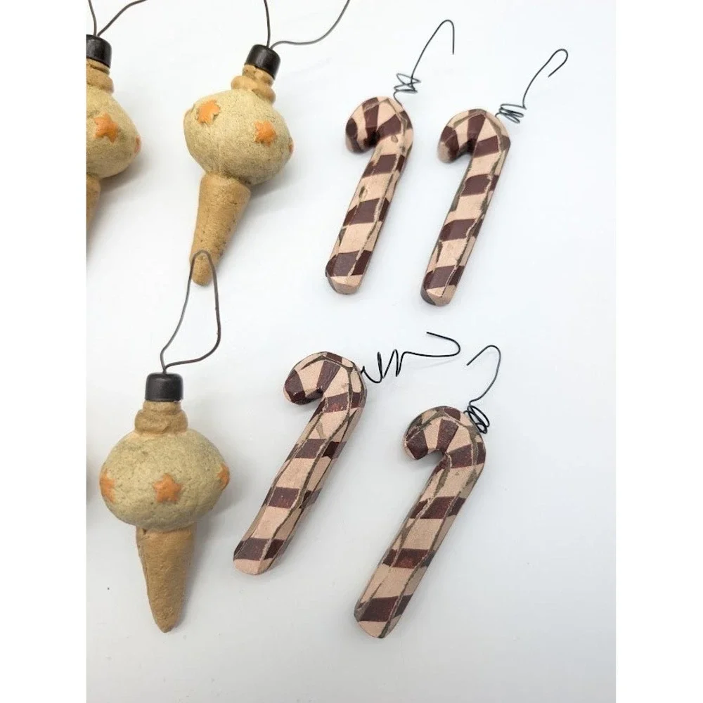 13 Lot Primitive Wood Candy Cane & Bauble Christmas Ornaments Rustic Farmhouse